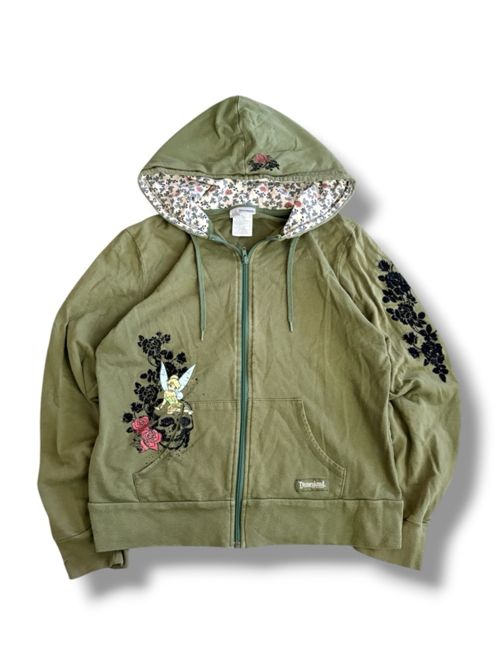Disney Olive Green Hoodie with Floral & Tinker Bell Hood Lining